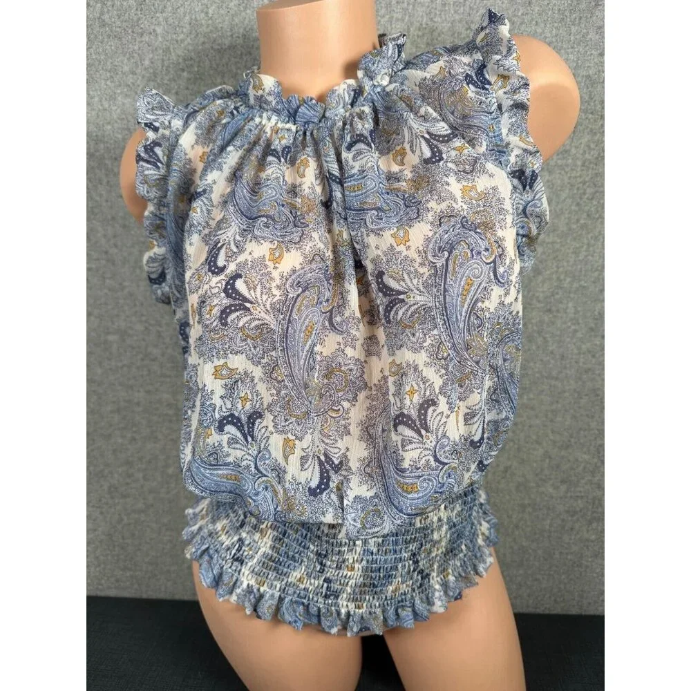 Maison D'Amelie Medium Top Floral Flowy Ruffled Blue Cinch Waist Sleeveless